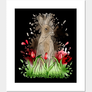 European Rabbit Watercolor Splash With Black Background Posters and Art